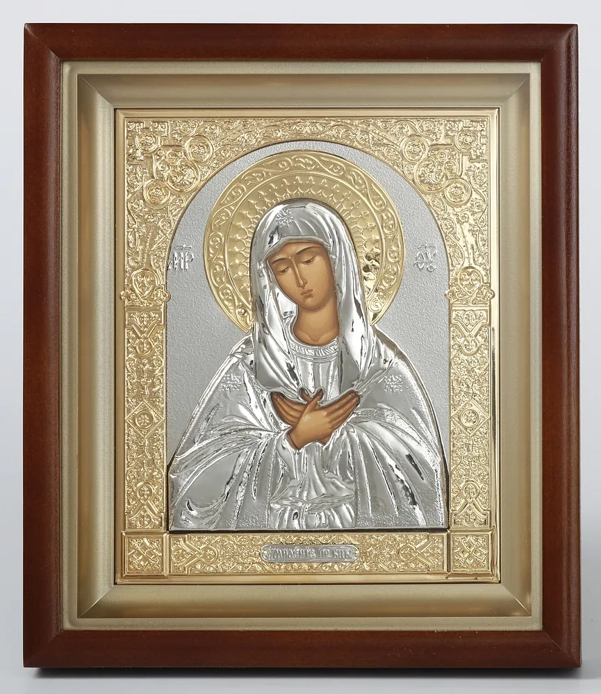 Икона в киоте 15х19 сложный, темпера, риза объёмная, никель, золочение Умиление