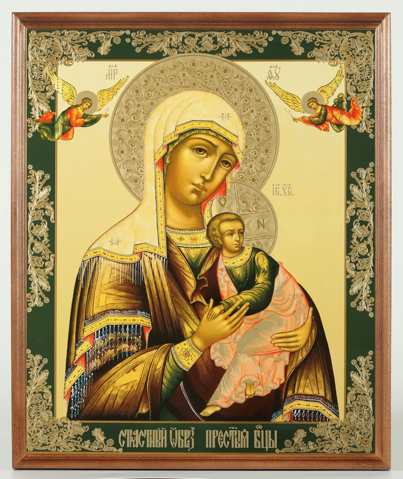 Icon in wooden frame №1 30×40 double embossing, packaging of the Passion Mother of God 01