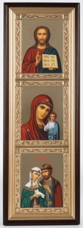 Icon in icon case 20×70 complex, tempera №8, gilded frame Saviour 1-Kazan 1-Peter and Fevronia 1