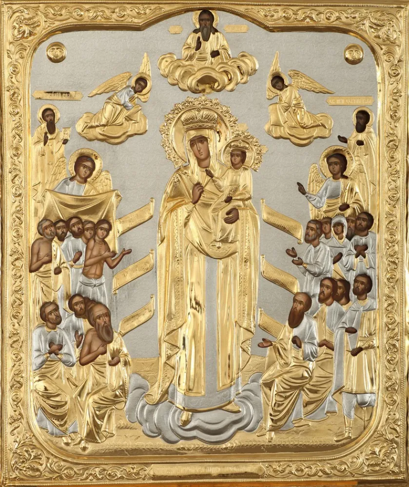 Painted icon of the Mother of God «Joy of All Who Sorrow» 60×75, oil, riza cover №182, gilding