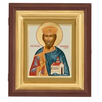 Painted icon on board in icon case 18×24 tempera, gilded halo, recessed field, icon case №1 Vladislav of Serbia, 05625