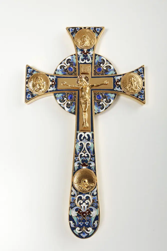 Altar cross Maltese cast Crucifixion, images, enamel / gilding