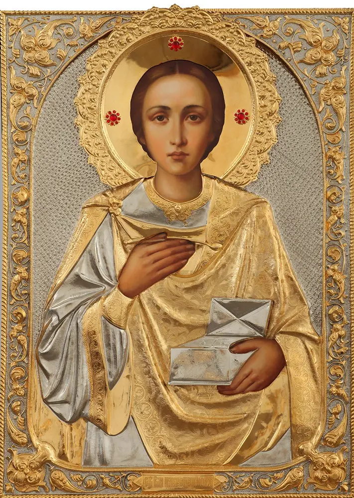 Painted icon of Great Martyr and Healer Panteleimon 50×70, oil, riza cover №221, gilding, stones