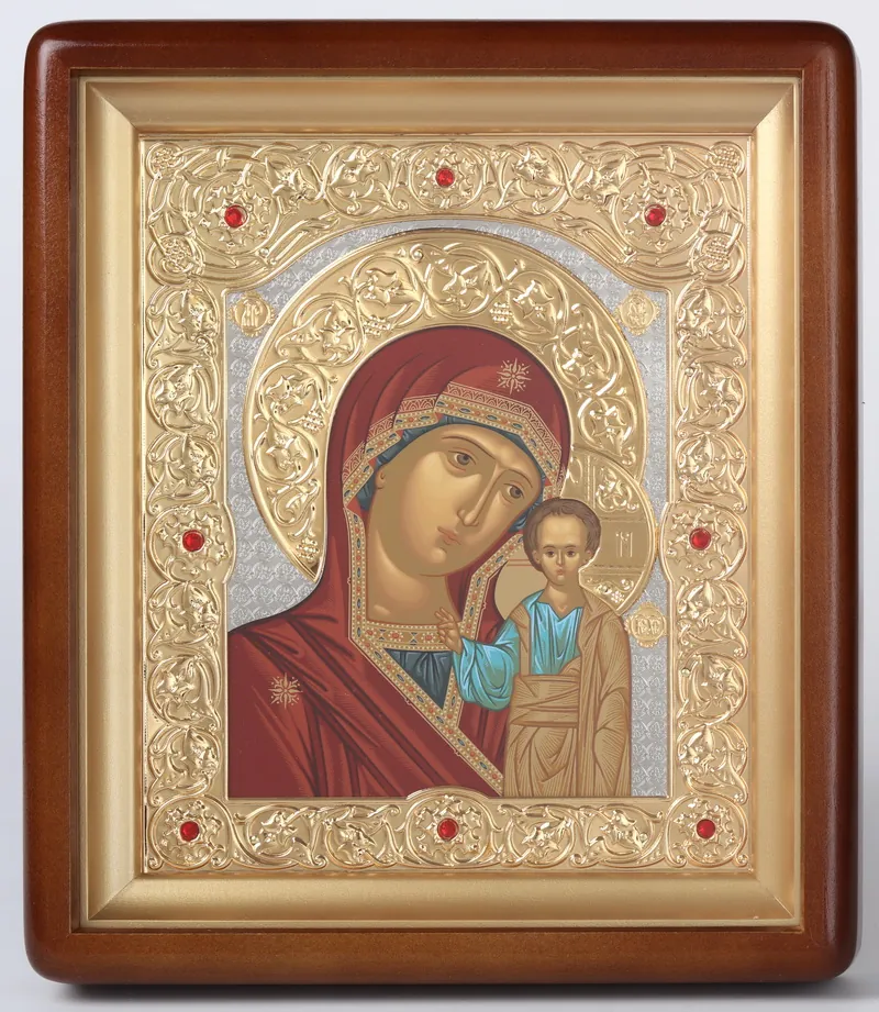 Икона в киоте 18х24 фигурный, темпера, риза объемная, зол., никелир., без цаты Казанская БМ