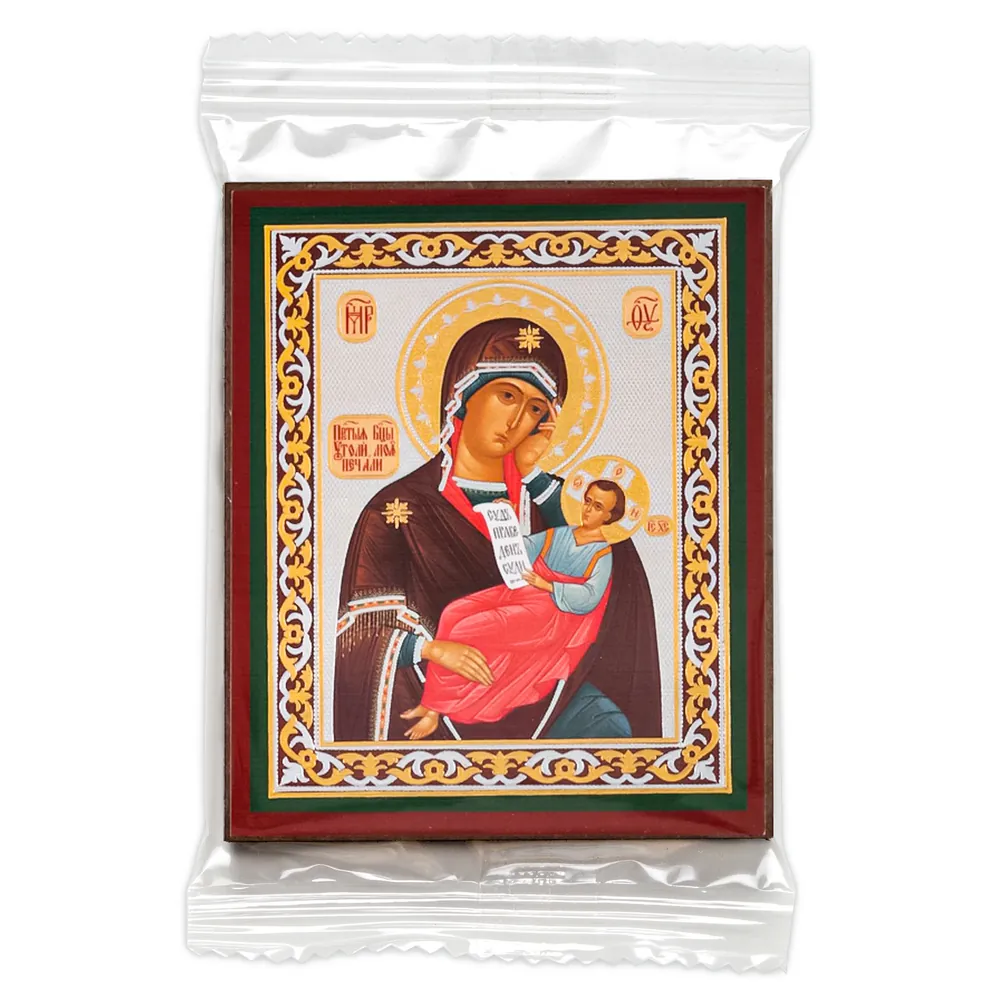 Icon on wooden panel 6×9 double embossing, annotation, packaging Assuage My Sorrows Mother of God 2