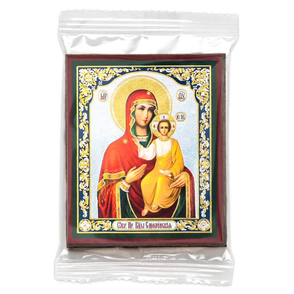 Icon on wooden panel 6×9 double embossing, annotation, packaging Smolensk Mother of God