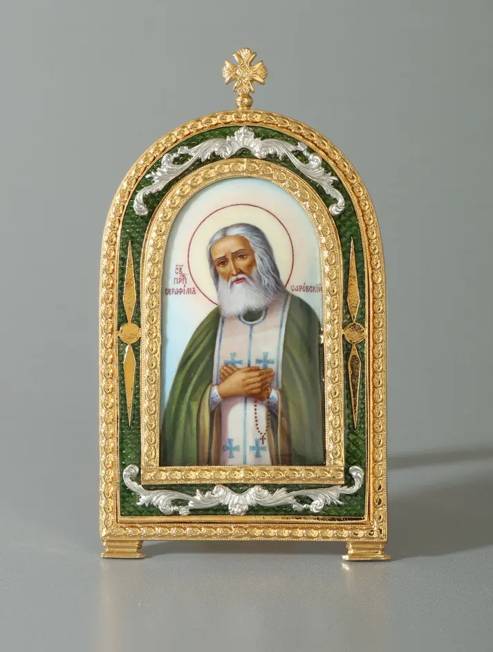 Table icon №3 enamel miniature, enamel / gilding, silver plating / Seraphim of Sarov