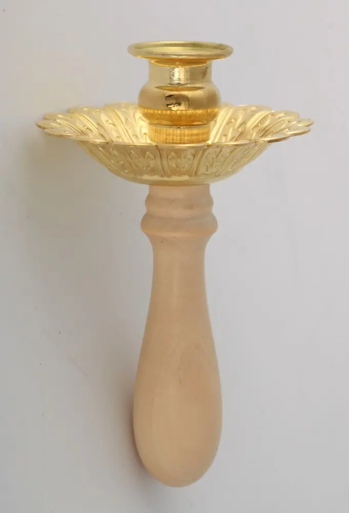 Hand candlestick for service candles, brass, wood