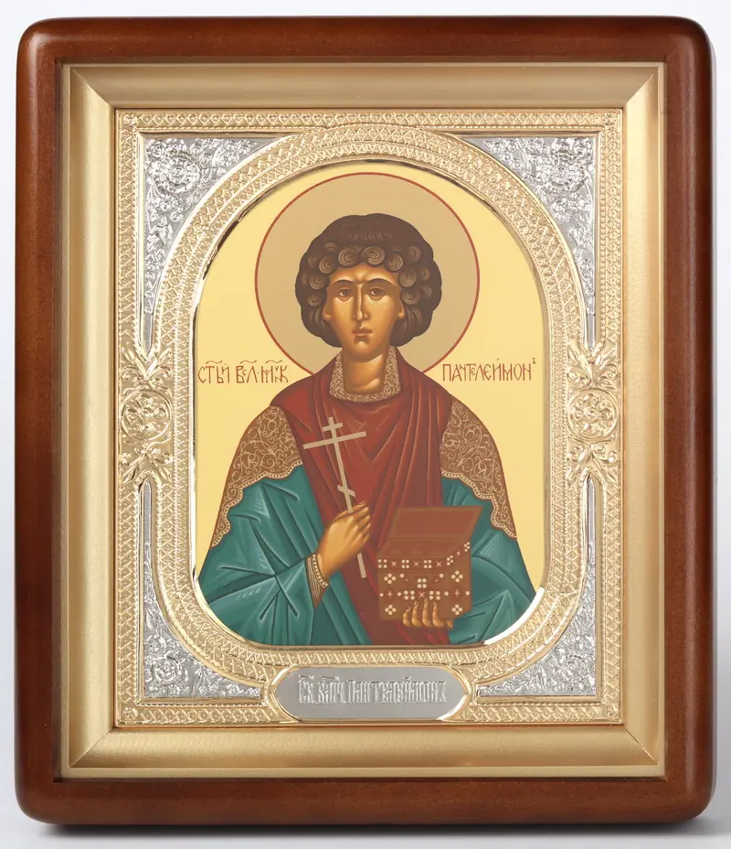 ხატი კიოტში 18×24 ფიგურული, ტემპერა, მოცულობითი მოჭედილობა-ჩარჩო, ღია, მოოქროვილი, მონიკელება პანტელეიმონი
