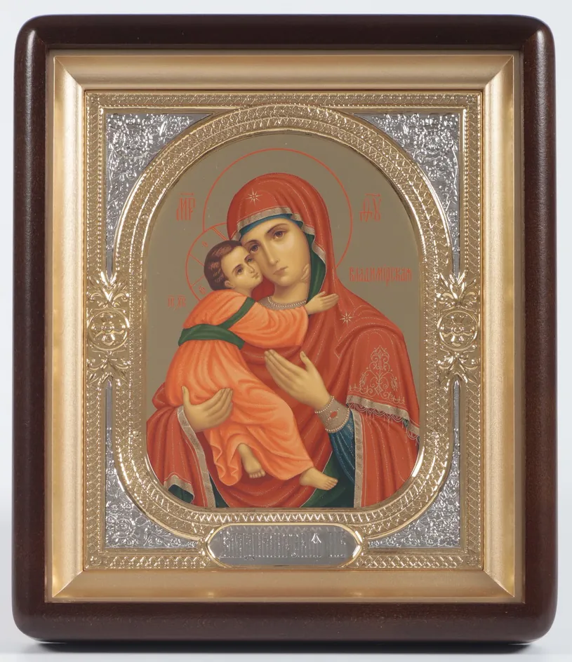 Icon in icon case 18×24 shaped, tempera №8, 3D riza frame, open, gilded, nickel plating Vladimir Mother of God 1