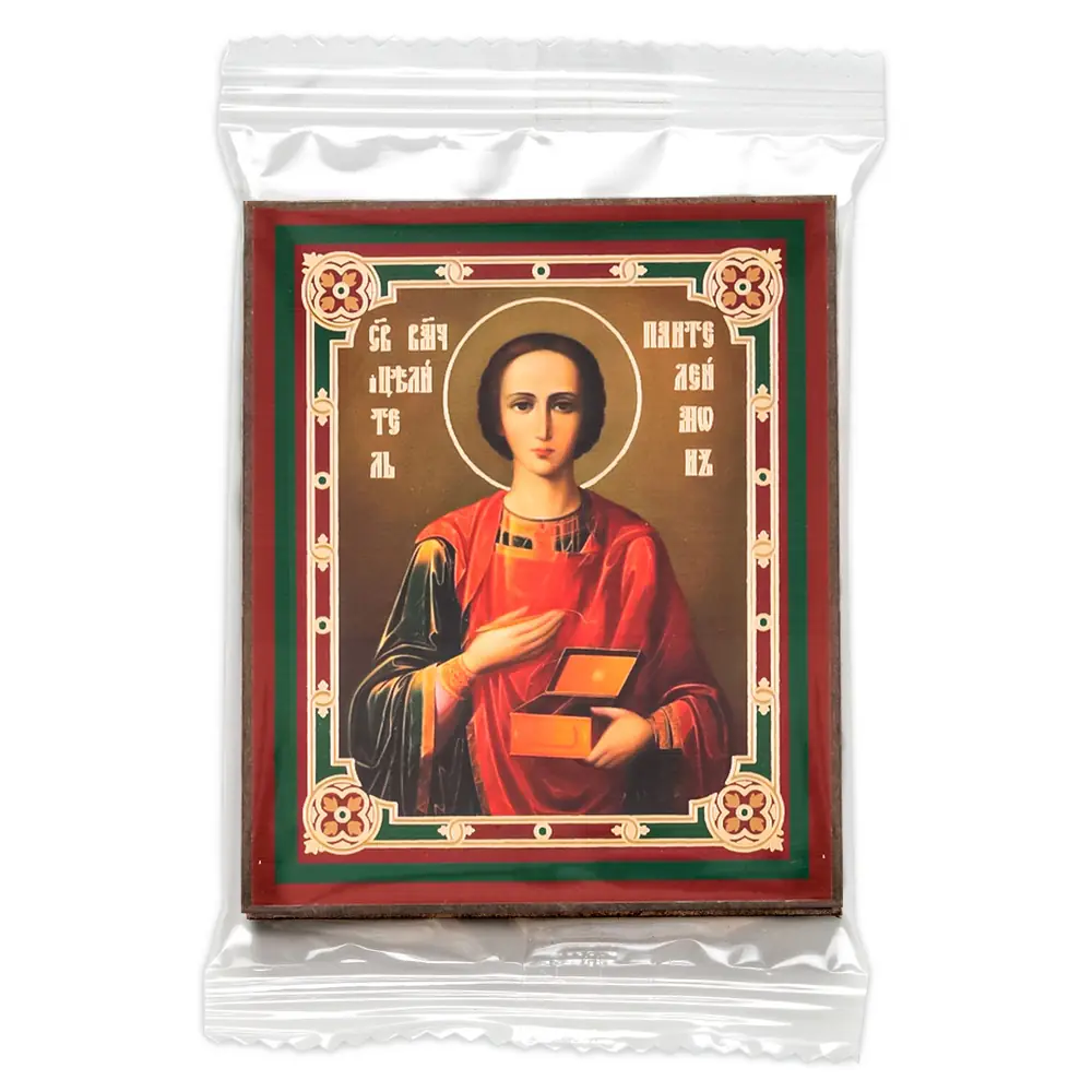 Icon on wooden panel 6×9 double embossing, annotation, packaging Panteleimon 4