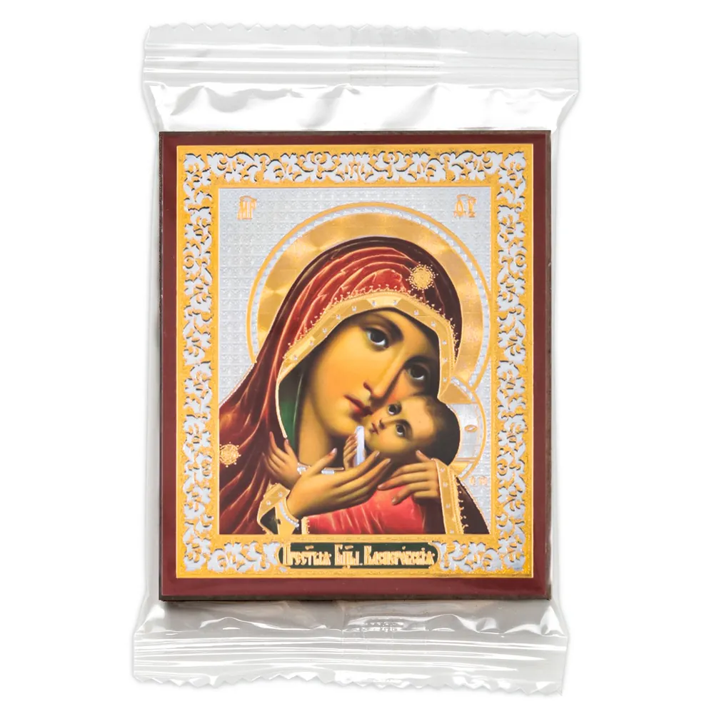 Icon on wooden panel 6×9 double embossing, annotation, packaging Kasperov Mother of God