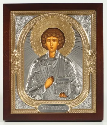 Icon in icon case 18×24 shaped №2 tempera, without stretcher, riza cover, nickel, gilded Panteleimon
