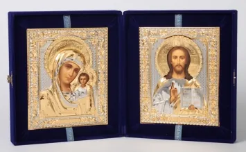 Painted folding icons in case 18×24 tempera, riza covers №241, №242 (velvet) Saviour-Kazan Mother of God