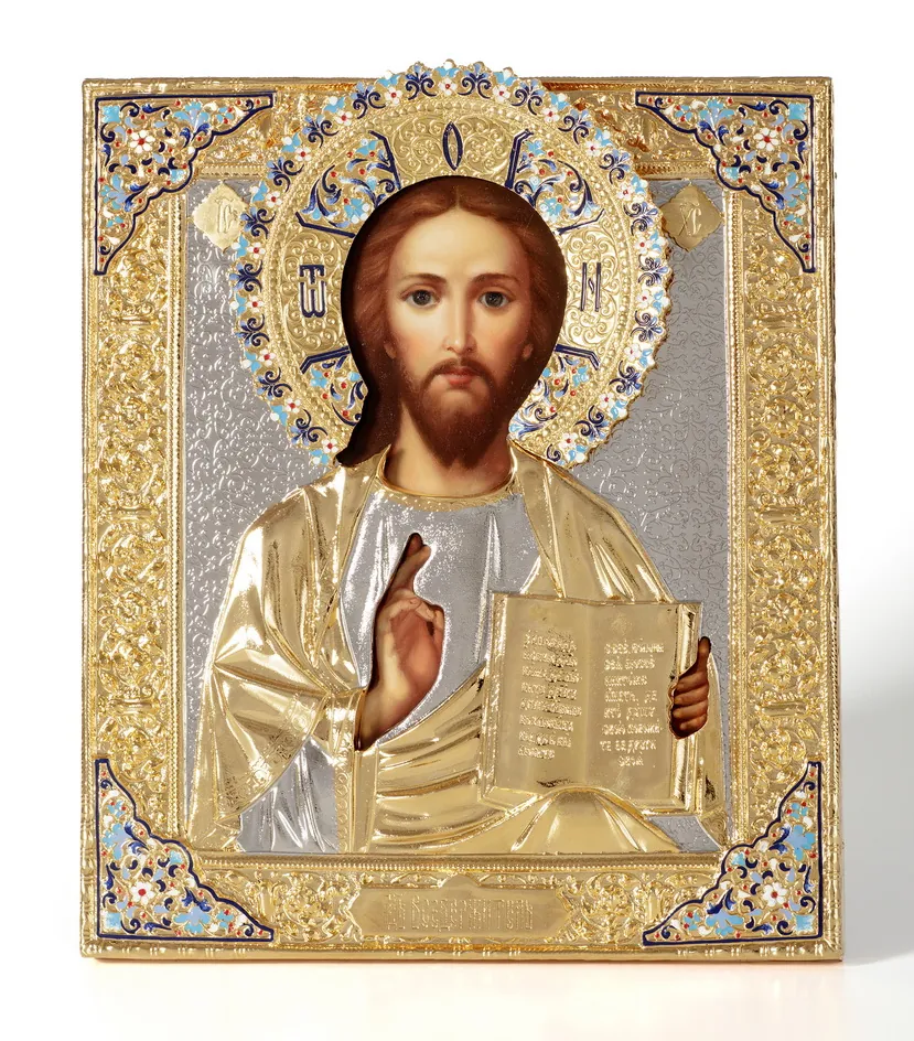 Painted icon of the Saviour 24×30, oil, riza cover №25, enamel, gilding