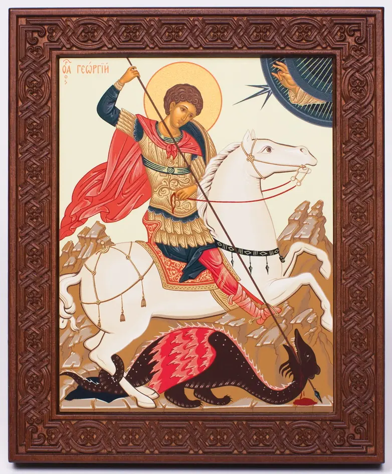 Icon on wood 18×22 rolled, recessed field with carved with surround, packaging Miracle of St George and the Dragon