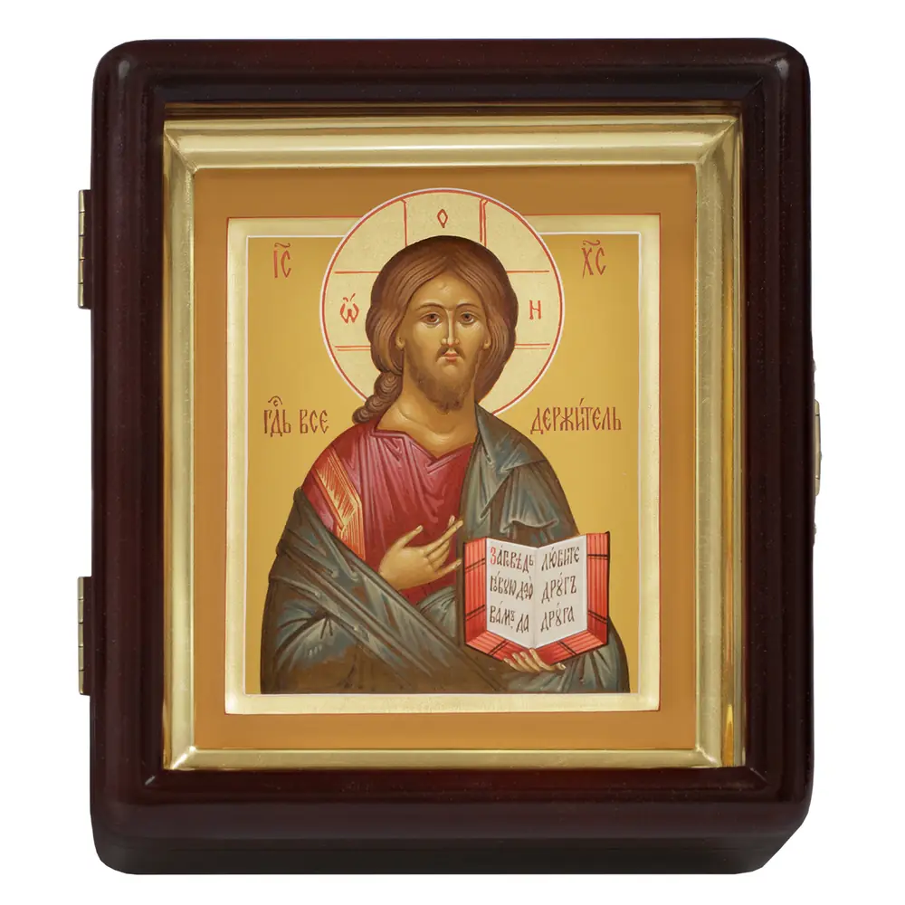 Painted icon on board in icon case 11×13 tempera, gilded halo, recessed field, icon case №1 Saviour, 05701