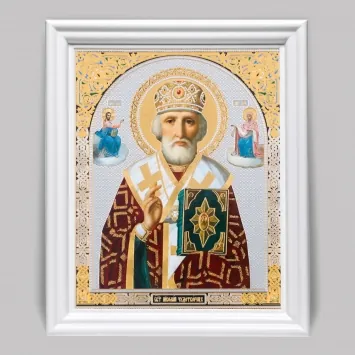Icon in wooden frame №3 11×13 (white) double embossing Nicholas the Wonderworker with attendant saints