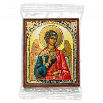 Icon on wooden panel 6×9 double embossing, annotation, packaging Guardian Angel (half-length) №2