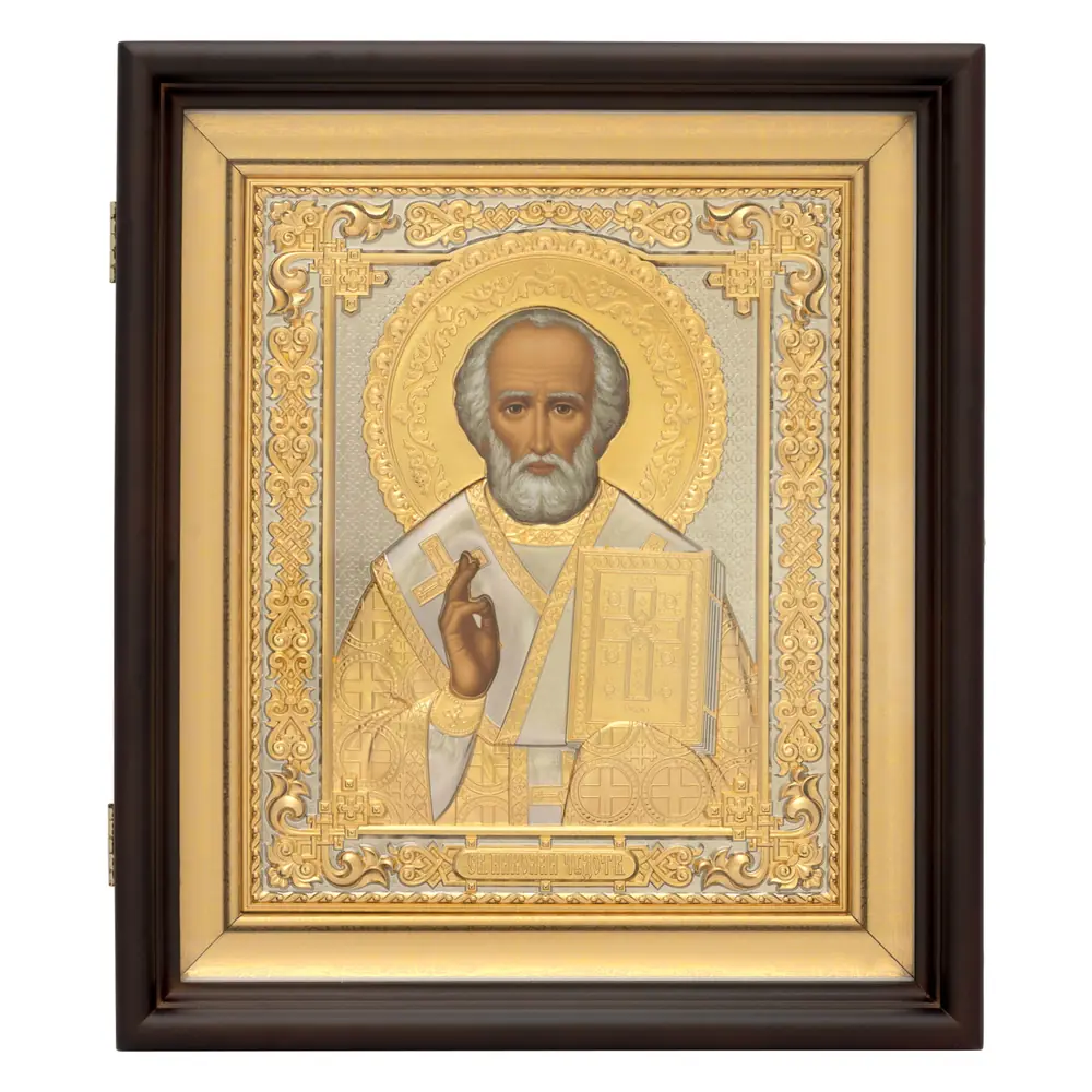 Painted icon in icon case 18×24 tempera, riza cover №243 partial / gilded, moulded stretcher Nicholas the Wonderworker