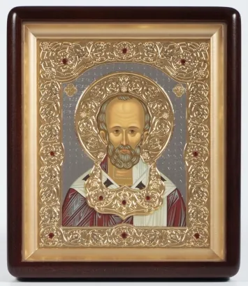 Icon in icon case 18×24 shaped, tempera, 3D riza, gilt, nickel-plated, with tsata Nicholas the Wonderworker
