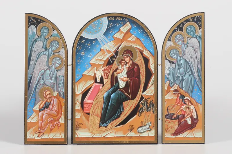 Wooden folding icons 18×24 three-leaf, double embossing, arched, in packaging Nativity of Christ 4