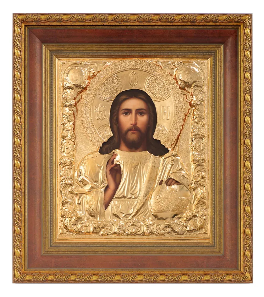 Painted icon in icon case 24×30 oil, riza cover №76, matte glossy gilding, icon case №22 Saviour