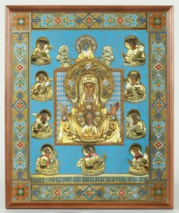 Icon in wooden frame №1 30×40 double embossing, packaging Kursk Root Icon of the Sign icons on blue background