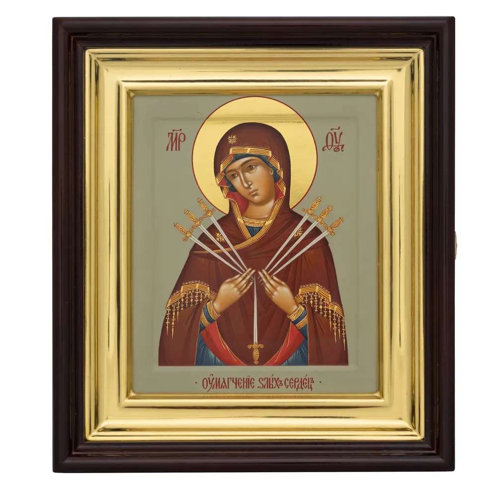 ფერწერული ხატი დაფაზე კიოტში 18×24 ტემპერა, მოოქროვილი შარავანდედი, კიდობანი, კიოტი №1 ბოროტ გულთა დამატკბობელი, 06021