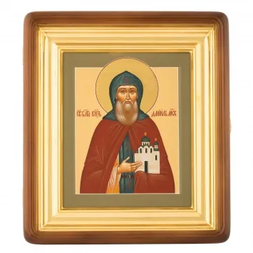 Painted icon on board in icon case 18×24 tempera, gilded halo, recessed field, icon case №1 Daniel of Moscow, 00800