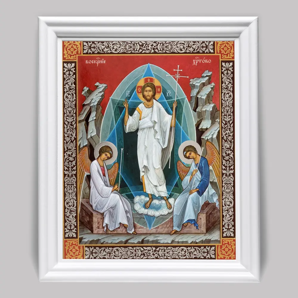 ხატი ხის ჩარჩოში №3 11×13 (თეთრი) ორმაგი ტვიფრი ქრისტეს აღდგომა 71