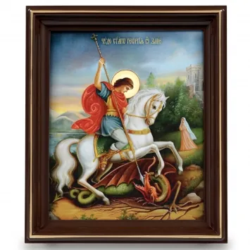Icon on plastic 13×16 3D print, varnish, in plastic frame on stand Miracle of St George and the Dragon №2