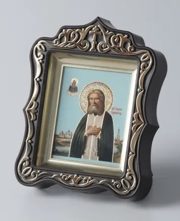 Icon in plastic frame icon case 6×7 carved brass-plated Seraphim of Sarov 2