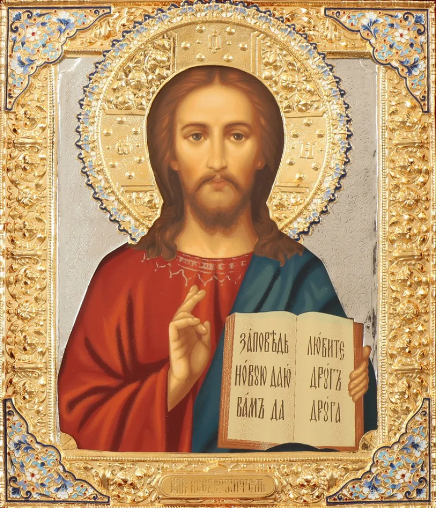 Painted icon of the Saviour 24×30, tempera, riza cover №24, enamel, gilding