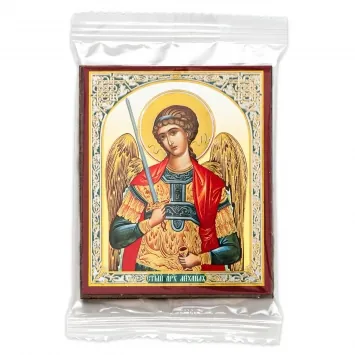 Icon on wooden panel 6×9 double embossing, annotation, packaging Archangel Michael (half-length) 4