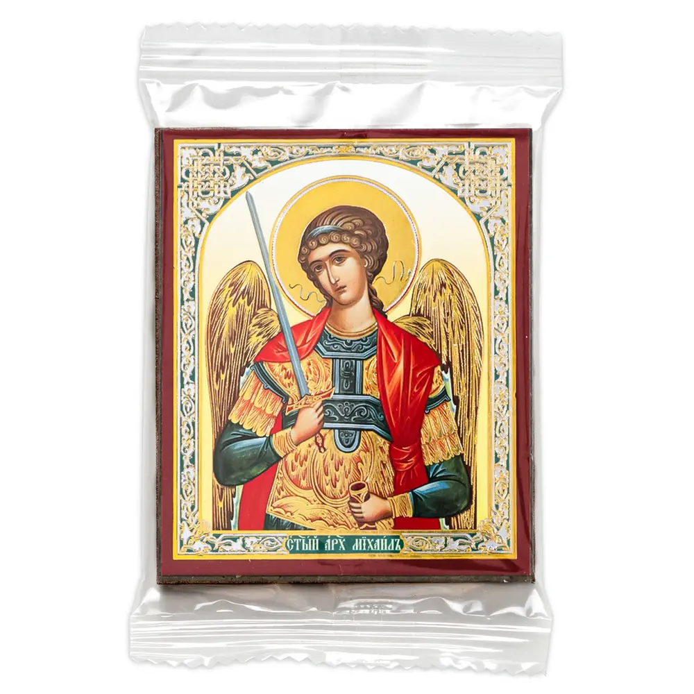 Icon on wooden panel 6×9 double embossing, annotation, packaging Archangel Michael (half-length) 4