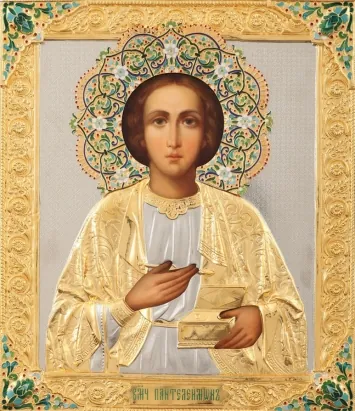Painted icon of Great Martyr and Healer Panteleimon 26×30, oil, riza cover №222, enamel, gilding