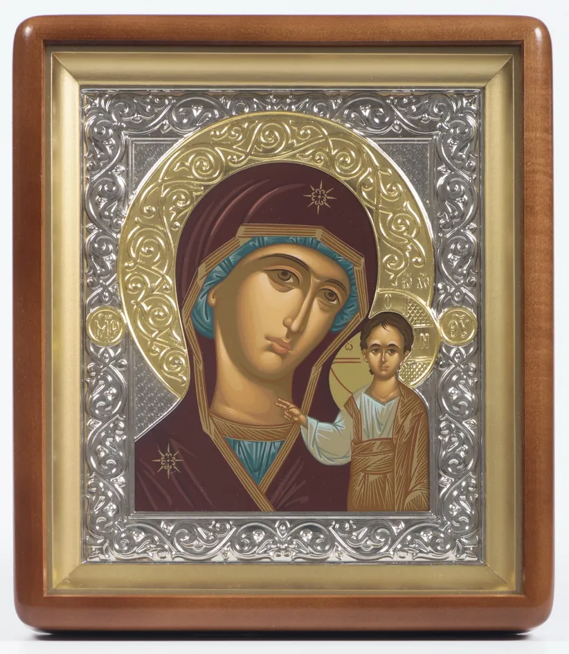 ხატი კიოტში 18×24 ფიგურული, ტემპერა, მოჭედილობა ნიკელი, მოოქროვილი გვირგვინი ყაზანის ღვთისმშობელი