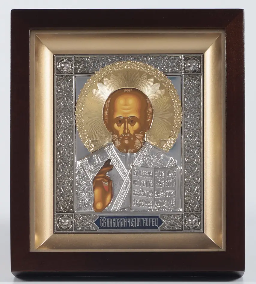Icon in icon case 11×13 shaped №2 tempera, plastic stretcher, riza cover nickel, enamel, gilding Nicholas the Wonderworker