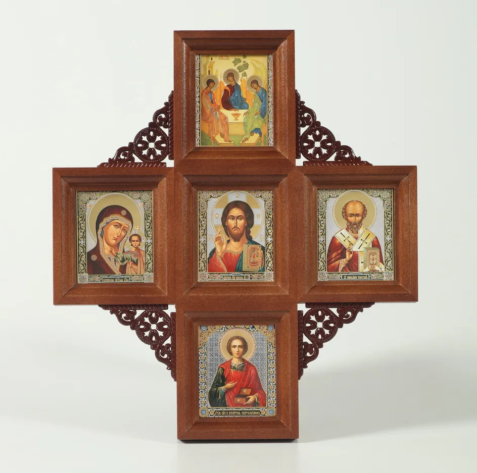 Icon in icon case 6×7 multi-image, double embossing, 5 icons, carved Trinity Saviour Kazan Nicholas the Wonderworker Panteleimon
