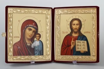 Folding icon in case 18×24 velvet, tempera, gilded frame Saviour-Kazan Mother of God 1