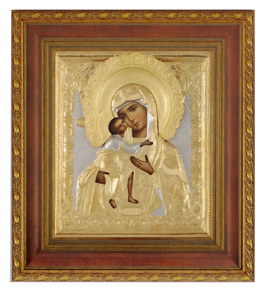Painted icon in icon case 24×30 oil, riza cover №208, matte gilding, icon case №22 Feodorovskaya Mother of God