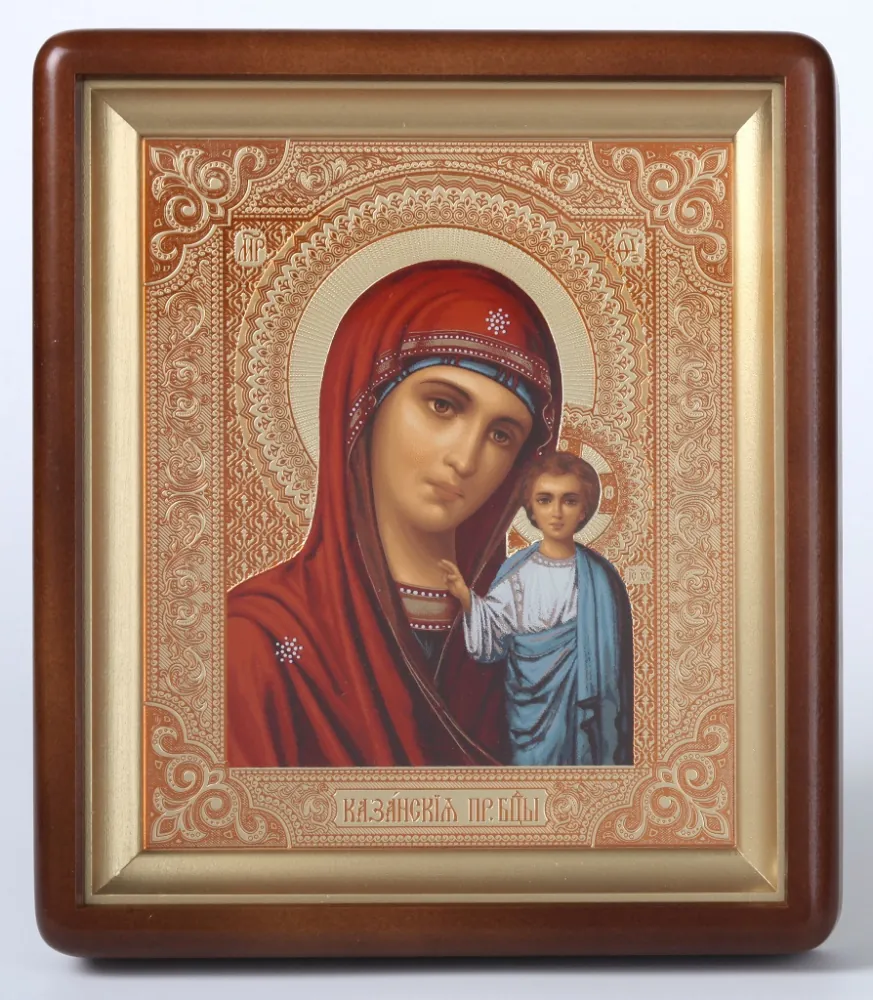 ხატი კიოტში 18×24 ფიგურული, ტემპერა №6 ყაზანის ღვთისმშობელი 1 (წითელი ფონი)