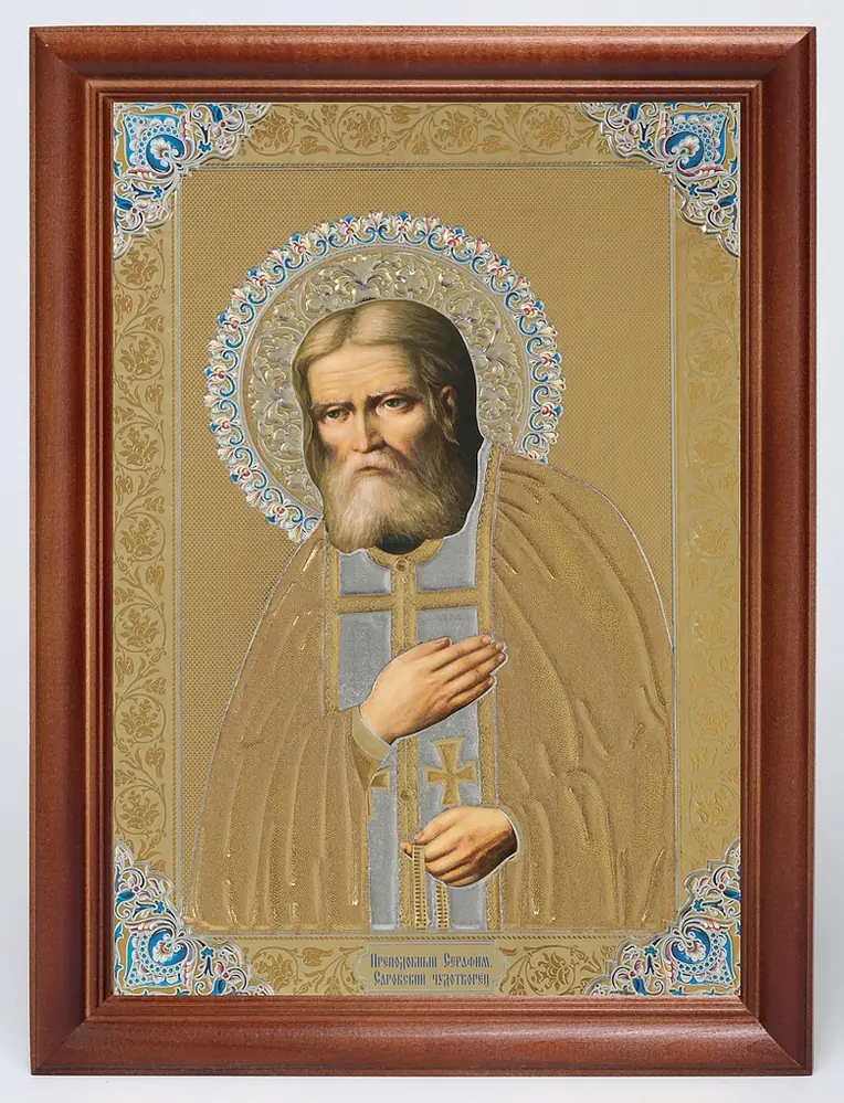 Icon in wooden frame 24×30 blind embossing (without glass) Seraphim of Sarov