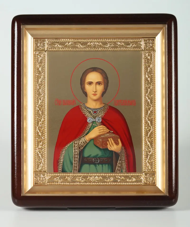 Icon in icon case 18×24 shaped, tempera №8, gilded frame Panteleimon 1