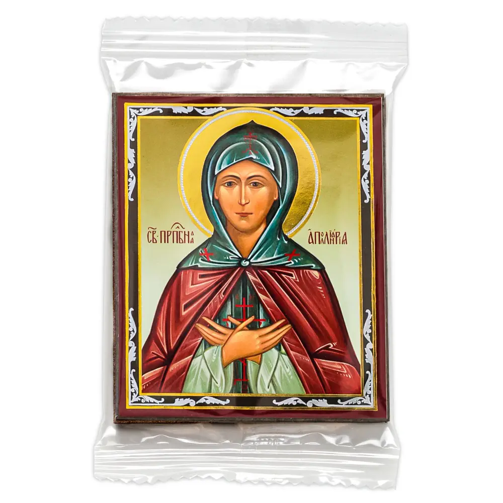 Icon on wooden panel 6×9 double embossing, annotation, packaging Apollinaria Venerable