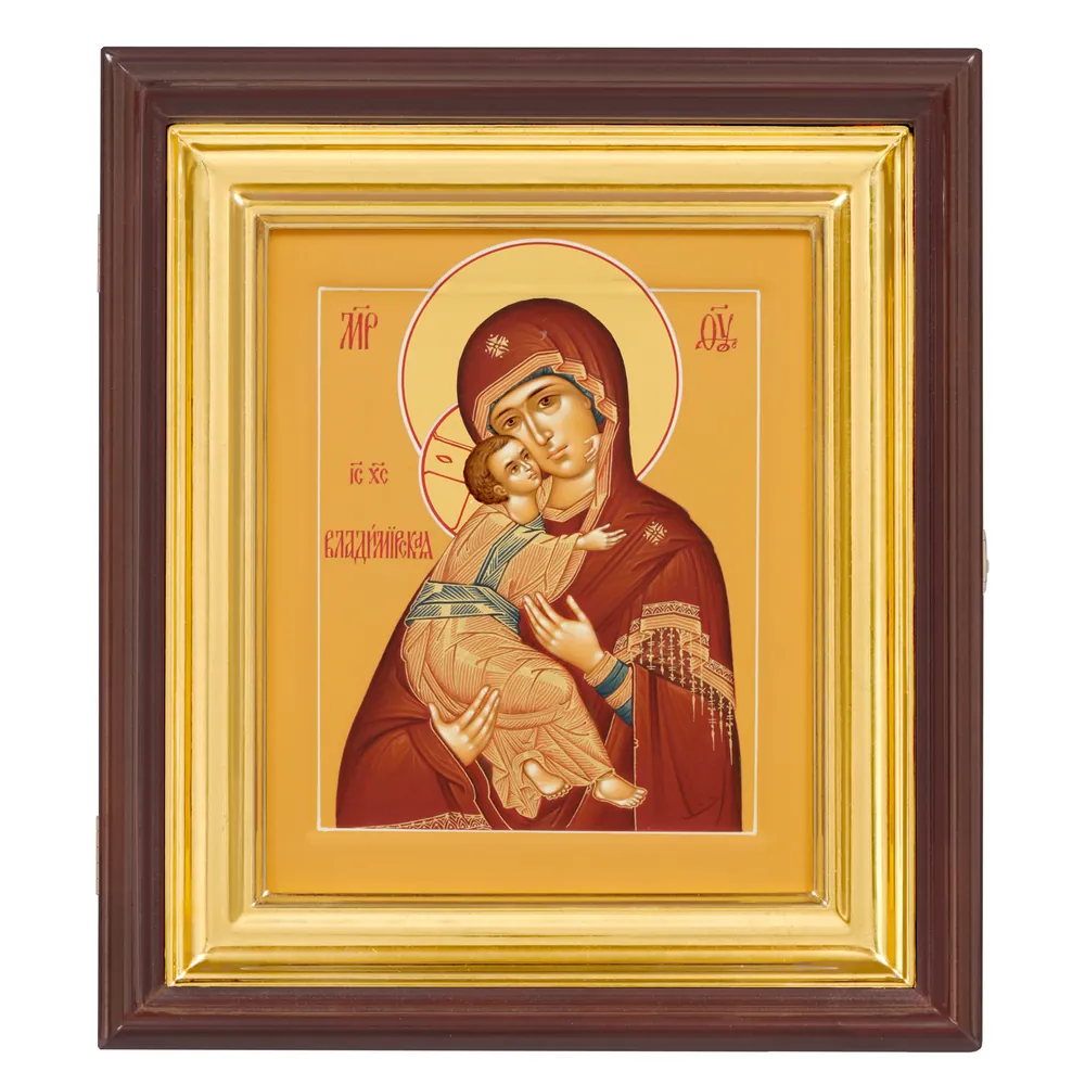 Painted icon on board in icon case 18×24 tempera, gilded halo, recessed field, icon case №1 Vladimir Mother of God, 05027
