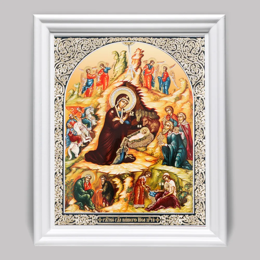 Icon in wooden frame №3 11×13 (white) double embossing Nativity of Christ 40