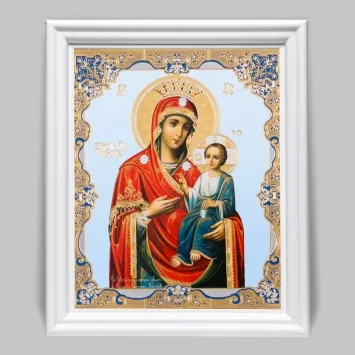 Икона в деревянной рамке №3 11х13 (белая) двойное тиснение Иверская БМ 3
