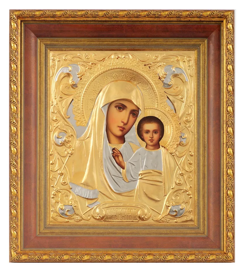ფერწერული ხატი კიოტში 24×30 ზეთი, მოჭედილობა №218, მქრქალი მოოქროვება, კიოტი №22 ყაზანის ღვთისმშობელი